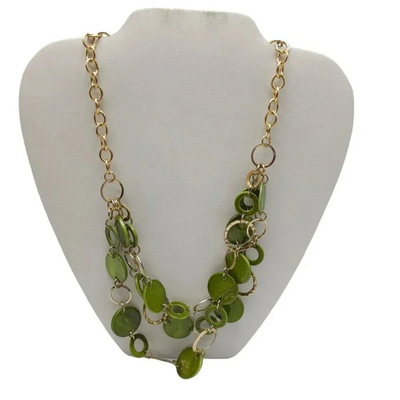 Multi Strand Green Disc Hammered Circle Chain Necklace Gold Tone Vintage - Picture 1 of 4